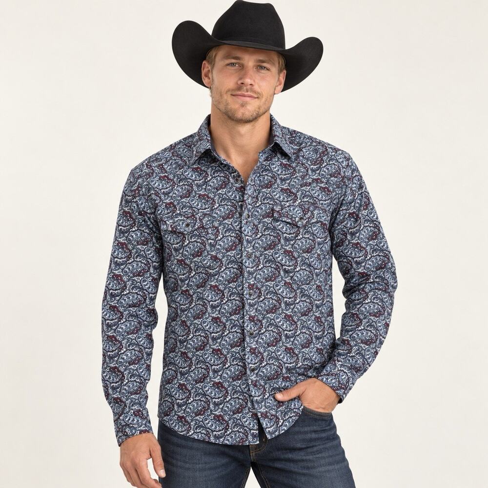 Cody James Men’s Large Blue Burgundy Paisley Pearl Snap Western Shirt